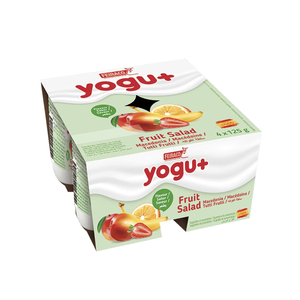 Yogurt sabor macedonia Yogu+ Feiraco (4 x 125 g / 4.41 oz) - Imagen 1