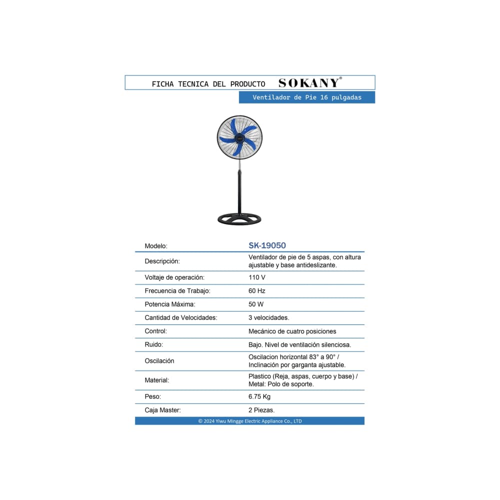 Ventilador de pie Sokany SK-19050 16" (2 U) - Miniatura 6