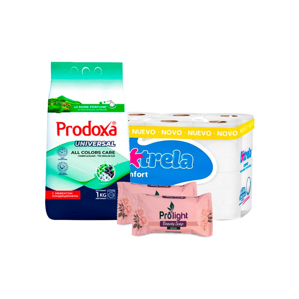 Combo básico del hogar #4: Detergente en polvo Prodoxa + Papel sanitario Extrela + Jabón de belleza con fragancia a rosa Prolight - Imagen 1