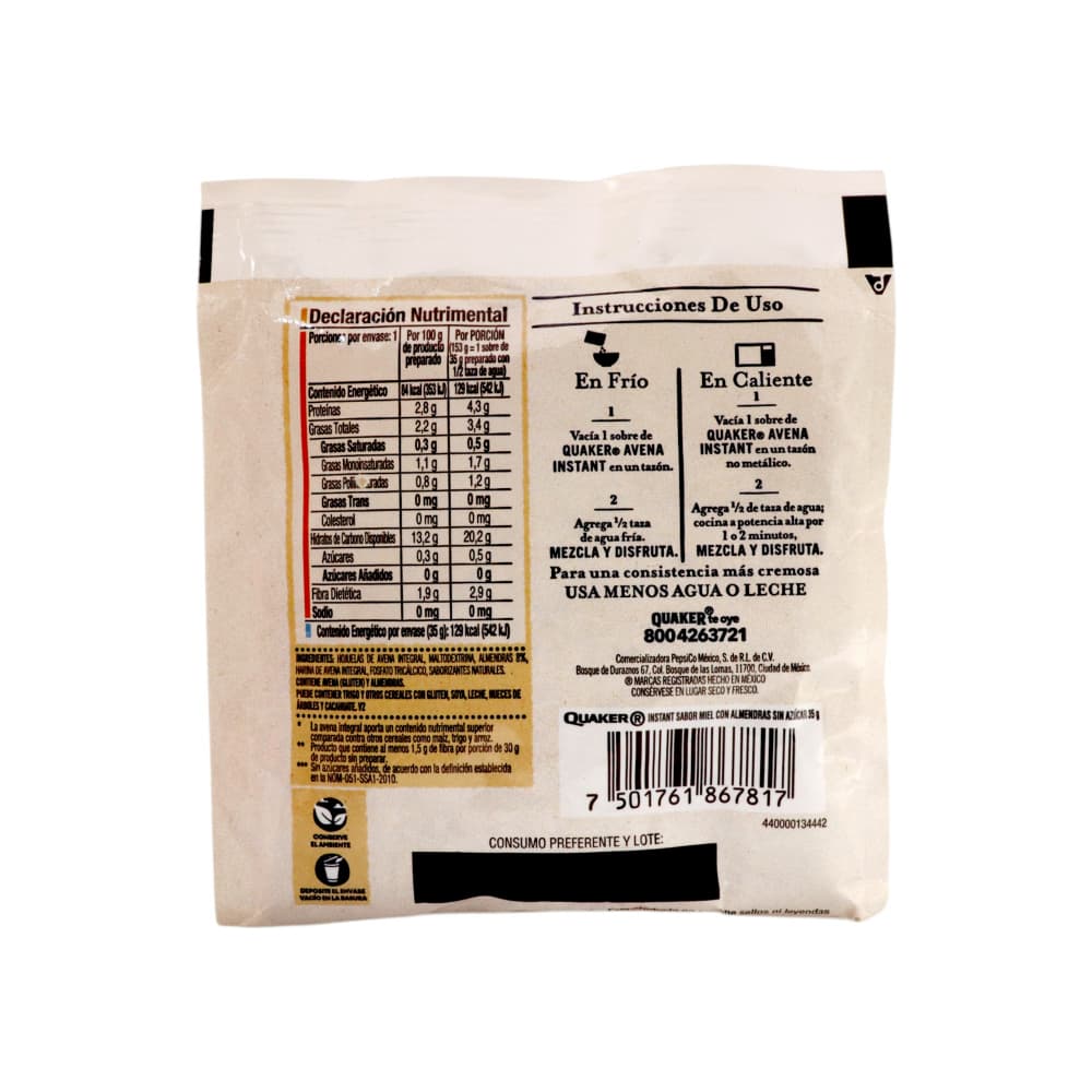 Cereal de avena integral sabor miel con almendras Quaker (35 g / 1.23 oz) - Miniatura 3
