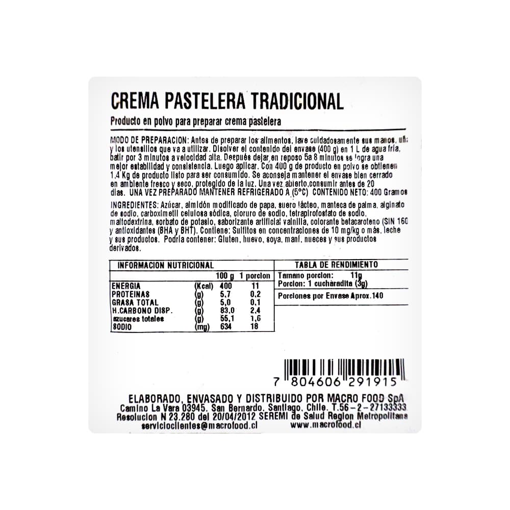 Producto en polvo para preparar crema pastelera tradicional Macro Food (400 g / 14.1 oz) - Miniatura 2
