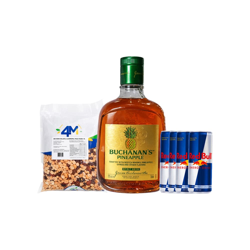 Whisky escocés mezclado sabor piña Buchanan's (750 ml)+Mix maní salado, almendra, pasa rubia 4M (1 kg / 2.2 lb)+Bebida energética Red Bull (250 ml / 8.4 fl oz) - Imagen 1