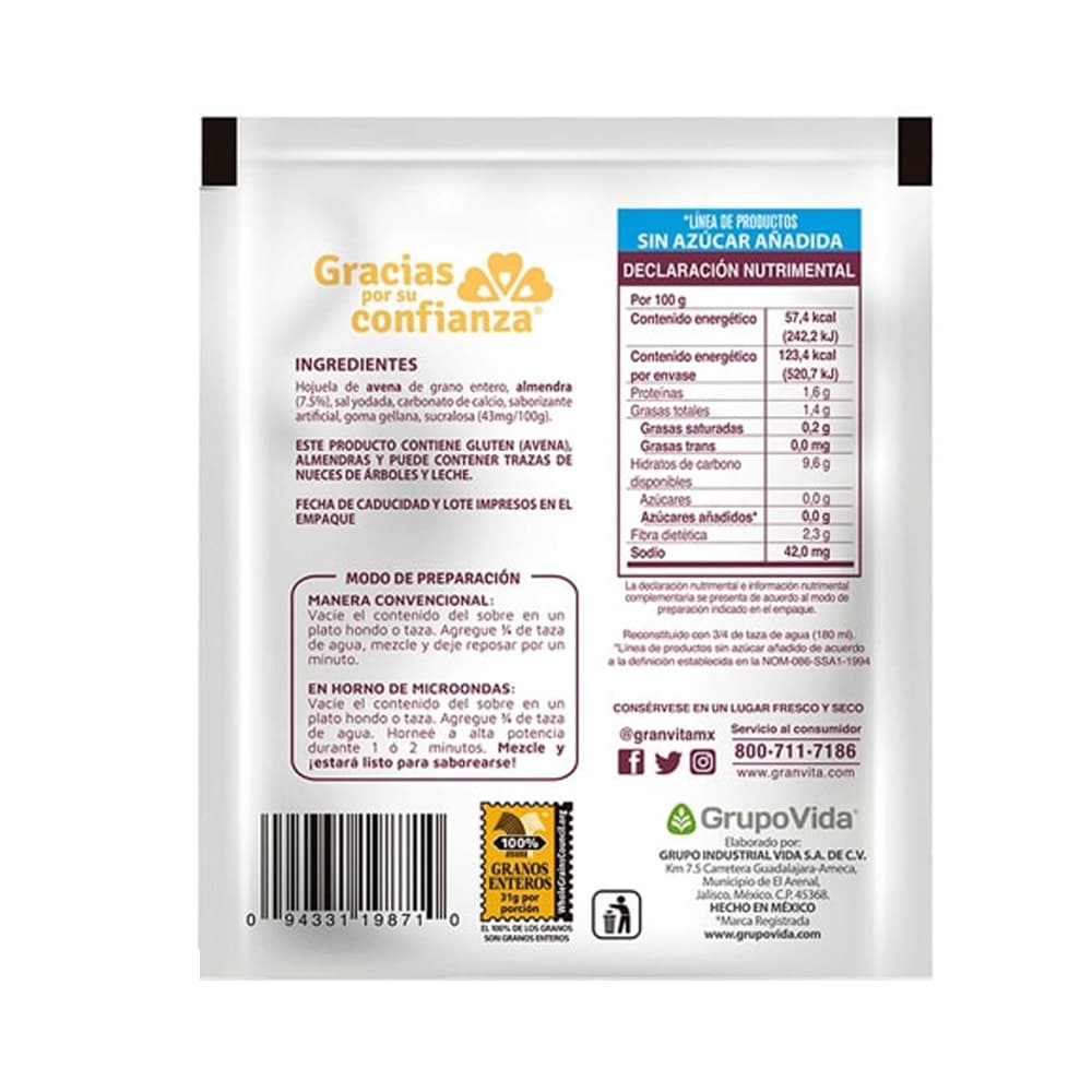 Avena integral instantánea sabor vainilla con almendras Granvita (35 g / 1.23 oz) - Miniatura 3