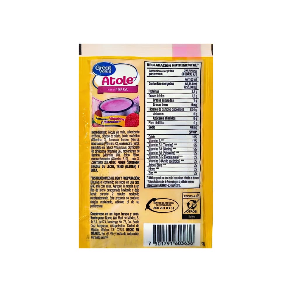 Polvo para preparar atole sabor fresa fortificado con vitaminas y minerales Great Value (45 g / 1.59 oz) - Miniatura 2