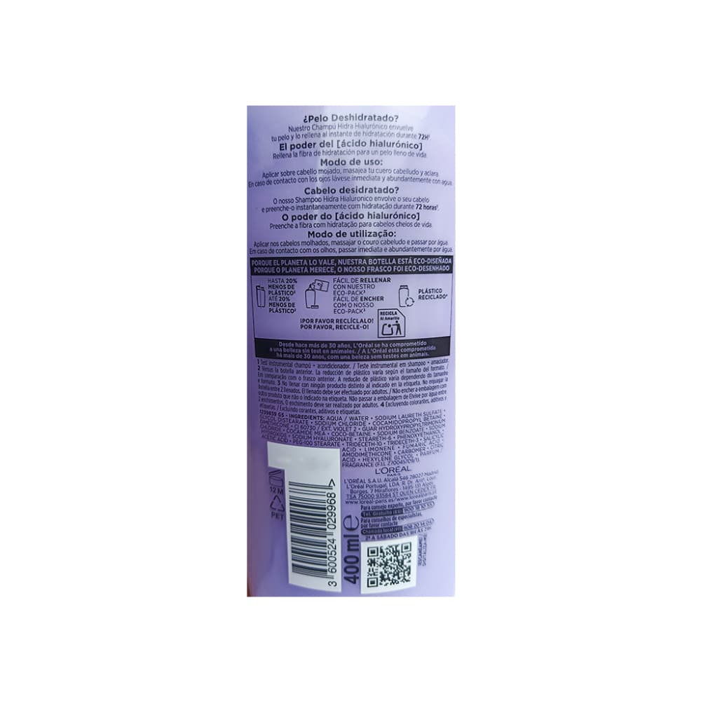 Champú Hidra Hialurónico L'Oréal Paris Elvive (400 ml) - Miniatura 3