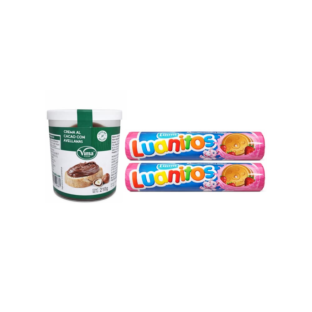 Crema de cacao con avellanas Vima Foods (210 g / 7.41 oz) + Galletas rellenas sabor fresa Luanitos Luam (2 x 110 g / 3.8 oz) - Miniatura 1
