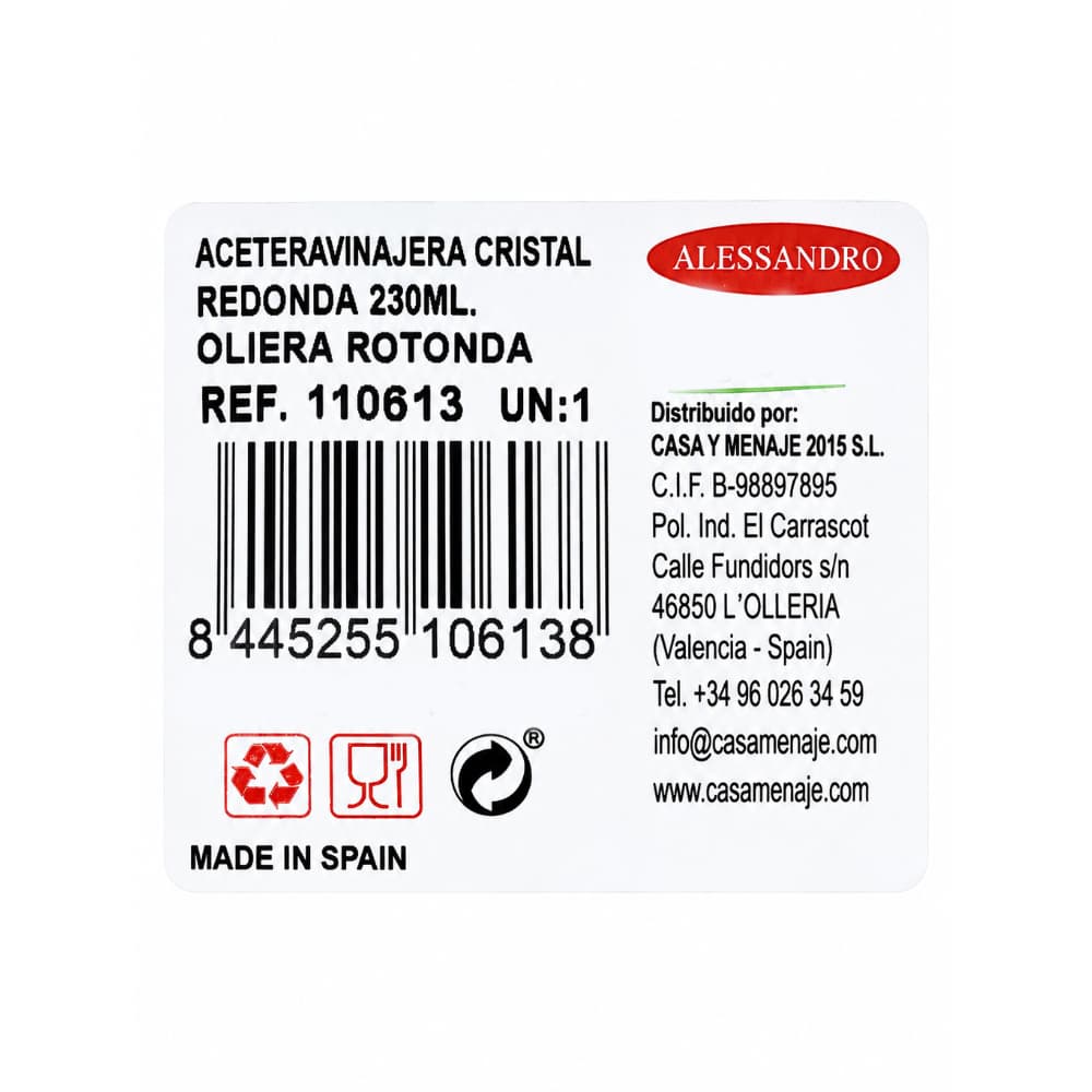 Aceitera/vinajera redonda cristal tapón antigoteo 250 ml Alessandro - Miniatura 3
