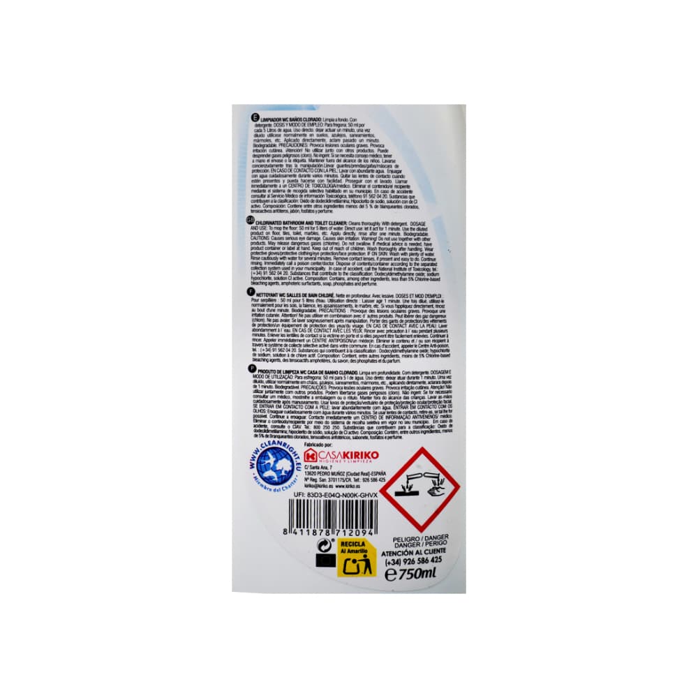 Limpiador WC para baños clorado Kiriko (750 ml) - Miniatura 3