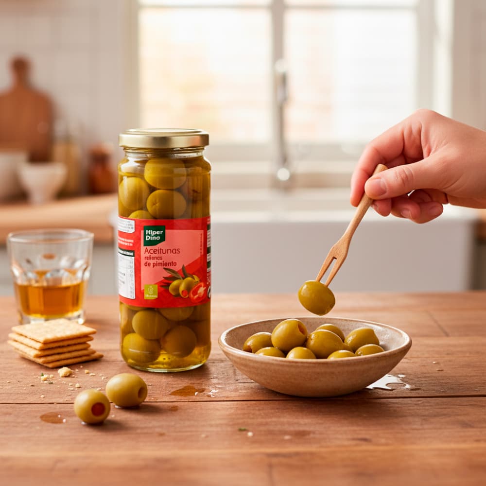 Aceitunas verdes rellenas de pasta de pimiento Hiper Dino (340 g / 12 oz) - Miniatura 4