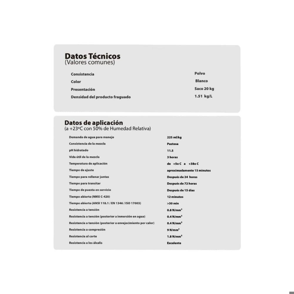 Cemento cola porcelánico blanco 10 en 1 Pegaduro (20 kg / 44 lb) - Miniatura 2