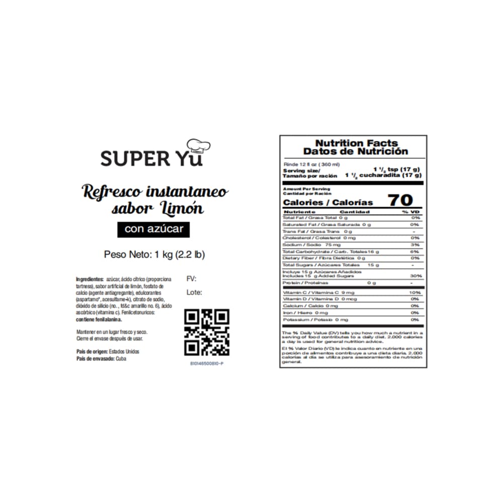 Refresco instantáneo sabor a limón Super Yu (1 kg / 2.2 lb) - Miniatura 2