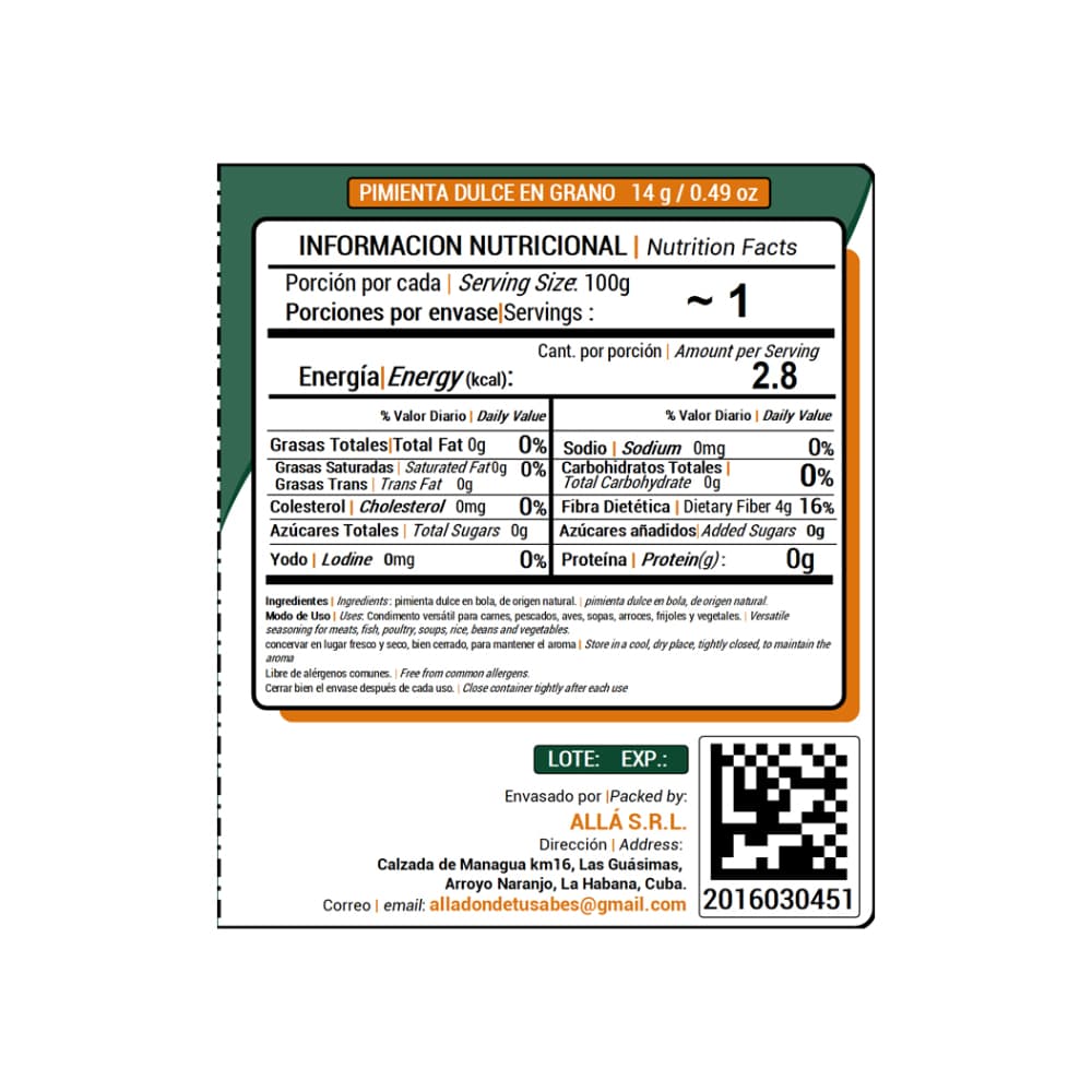 Pimienta dulce en grano ALLÁ (14 g) - Miniatura 4
