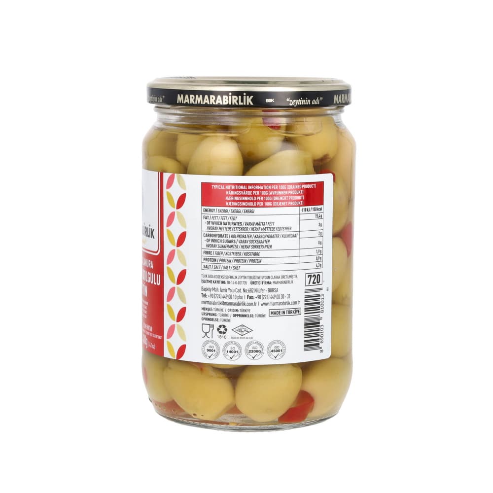 Aceitunas verdes rellenas de pimiento rojo en salmuera Marmarabirlik (400 g / 14.1 oz) - Miniatura 3