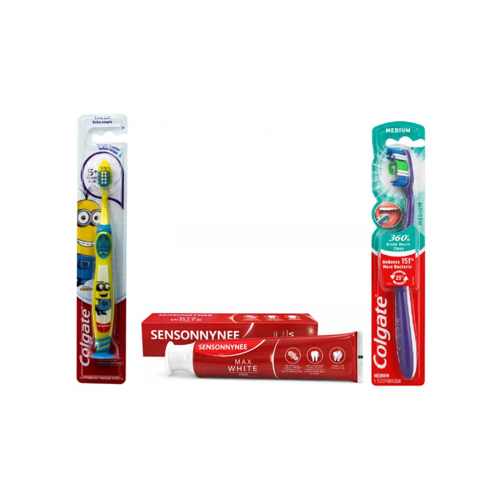 Pasta dental Max White One Sensonnynee (100 g / 3.52 oz) + Cepillo de dientes Colgate Whole Mouth Clean + Cepillo de dientes extra suave Kids Minions Colgate - Miniatura 1