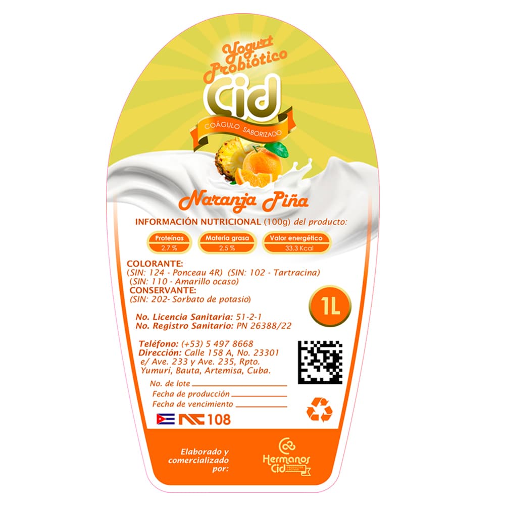 Yogurt probiótico de coágulo saborizado de naranja piña Cid (1 L) - Miniatura 3