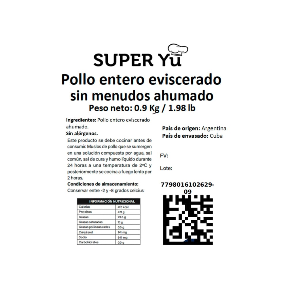 Pollo entero eviscerado sin menudos ahumados Super YU (900 g / 1.98 lb) - Miniatura 4