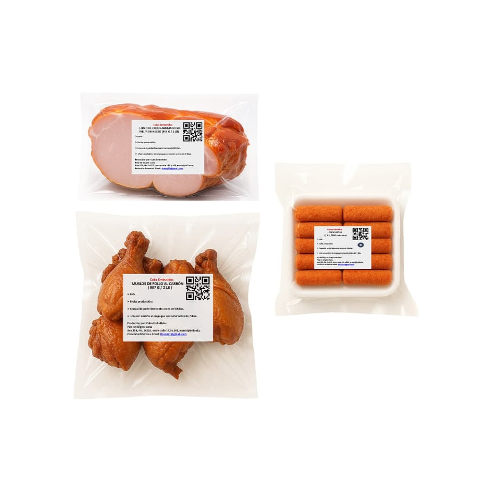 Lomo de cerdo ahumado sin piel y sin hueso + Muslos de pollo al carbón + Croquetas de jamón - Miniatura 2