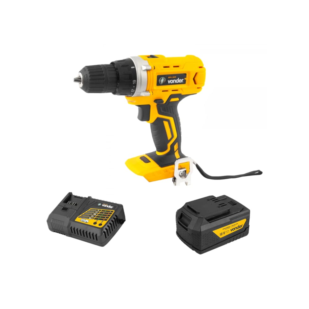 Taladro atornillador inalámbrico 3/8'' de 18 V IPFV1820 + Batería 18 V 4 Ah - iones de litio IBV 1804 + Cargador de batería rápido de 18 V ICBV1806 Vonder - Imagen 1
