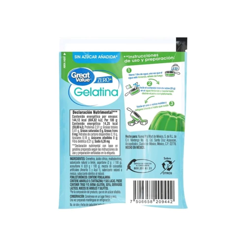 Gelatina sabor limón sin azúcar Great Value (25 g) - Miniatura 2