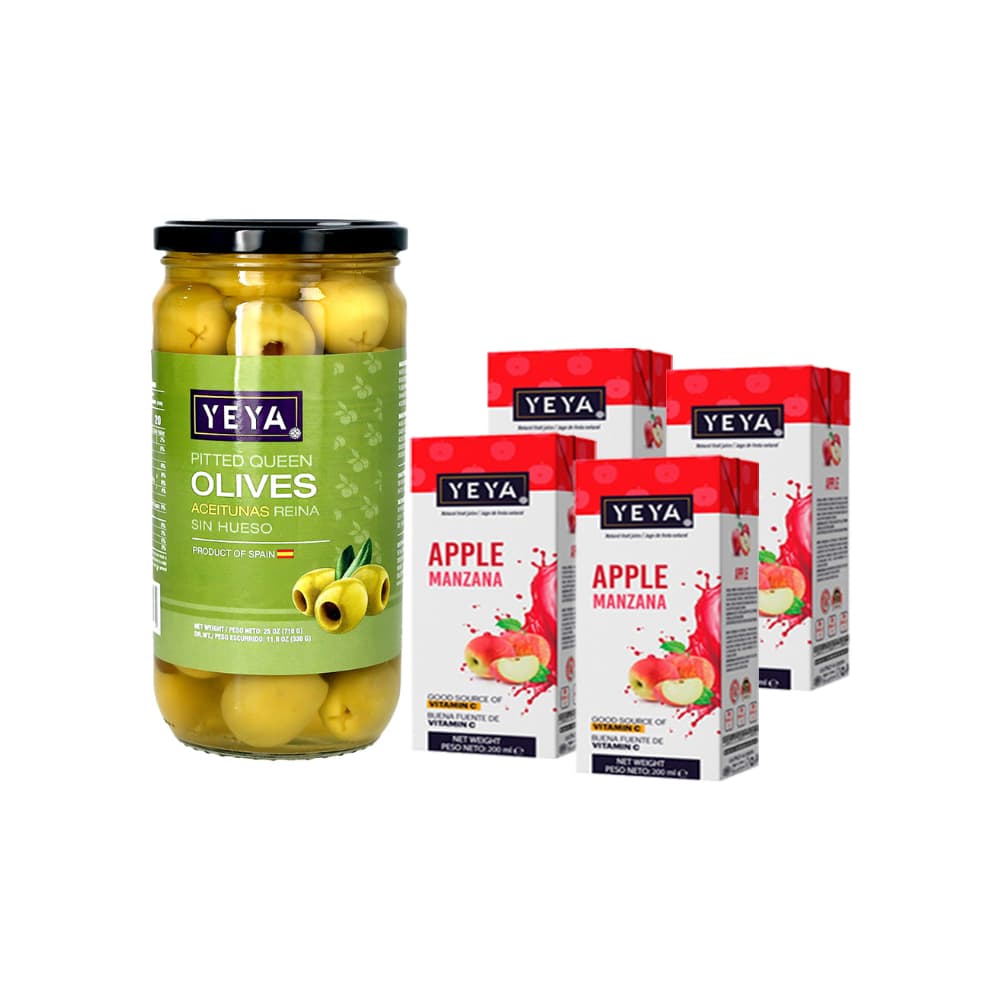 Combo de Aceituna reina extra grande sin hueso Yeya (710 g / 1.57 lb) + Bebida saborizada sabor manzana Yeya (200 ml) (x4) - Imagen 1