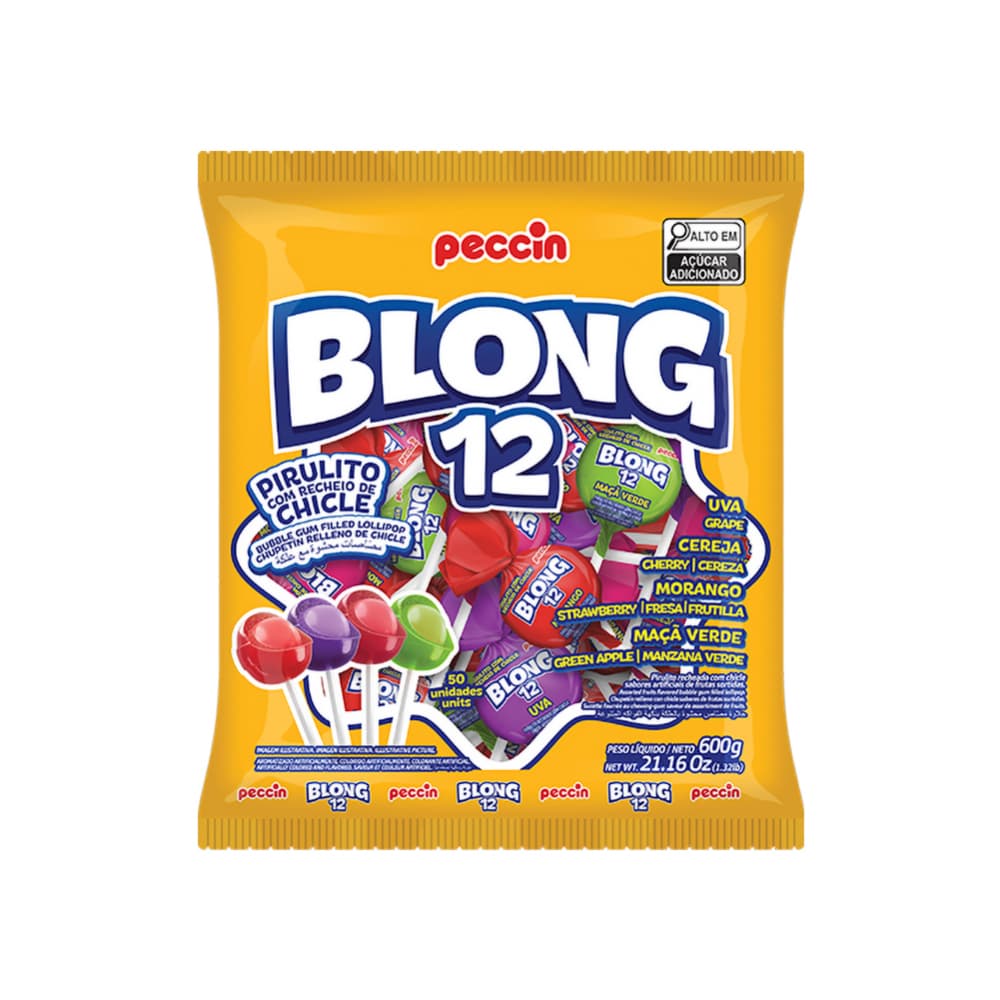 Chupa chups relleno con chicle sabor de frutas surtidas Blong 12 Peccin (600 g / 1.32 lb) - Imagen 1