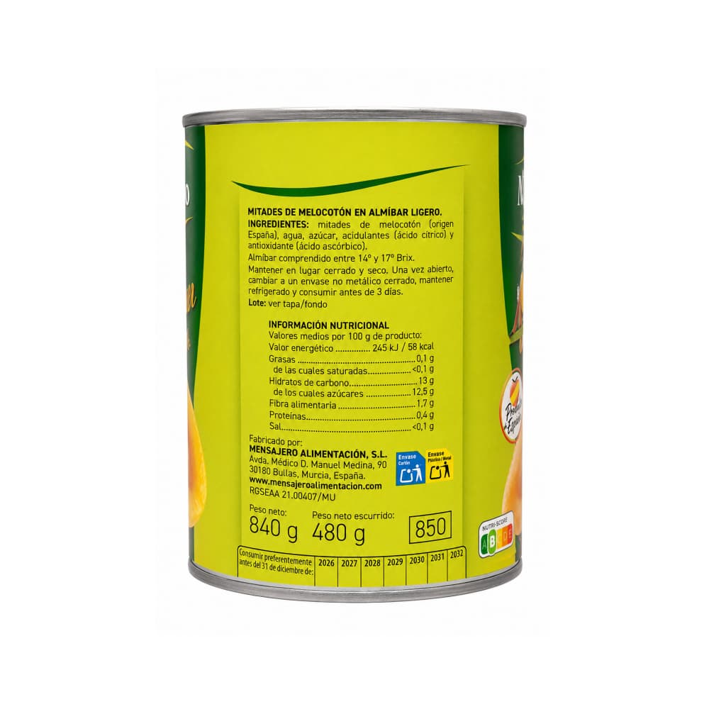 Mitades de melocotón en almíbar ligero Mensajero (840 g / 1.85 lb) - Miniatura 3