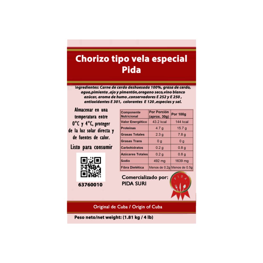 Chorizo tipo vela especial Pida (1.81 kg / 4 lb) - Miniatura 3