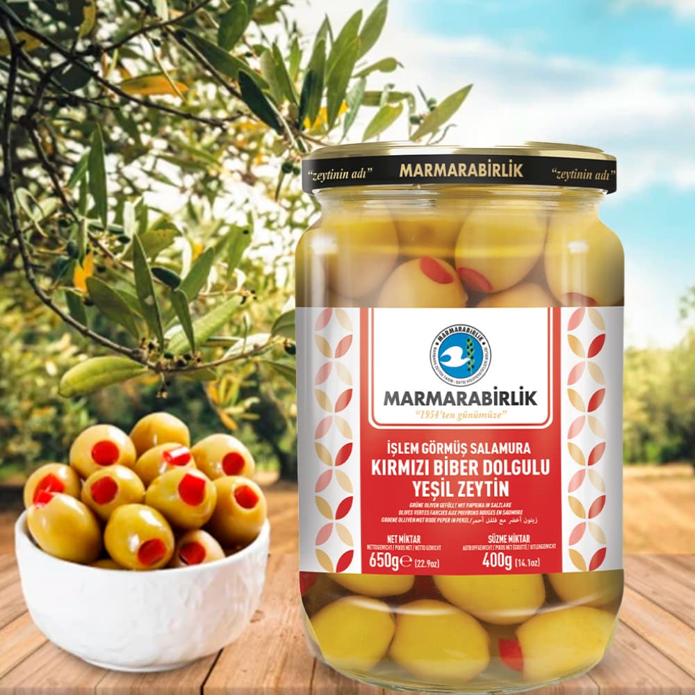 Aceitunas verdes rellenas de pimiento rojo en salmuera Marmarabirlik (400 g / 14.1 oz) - Miniatura 4