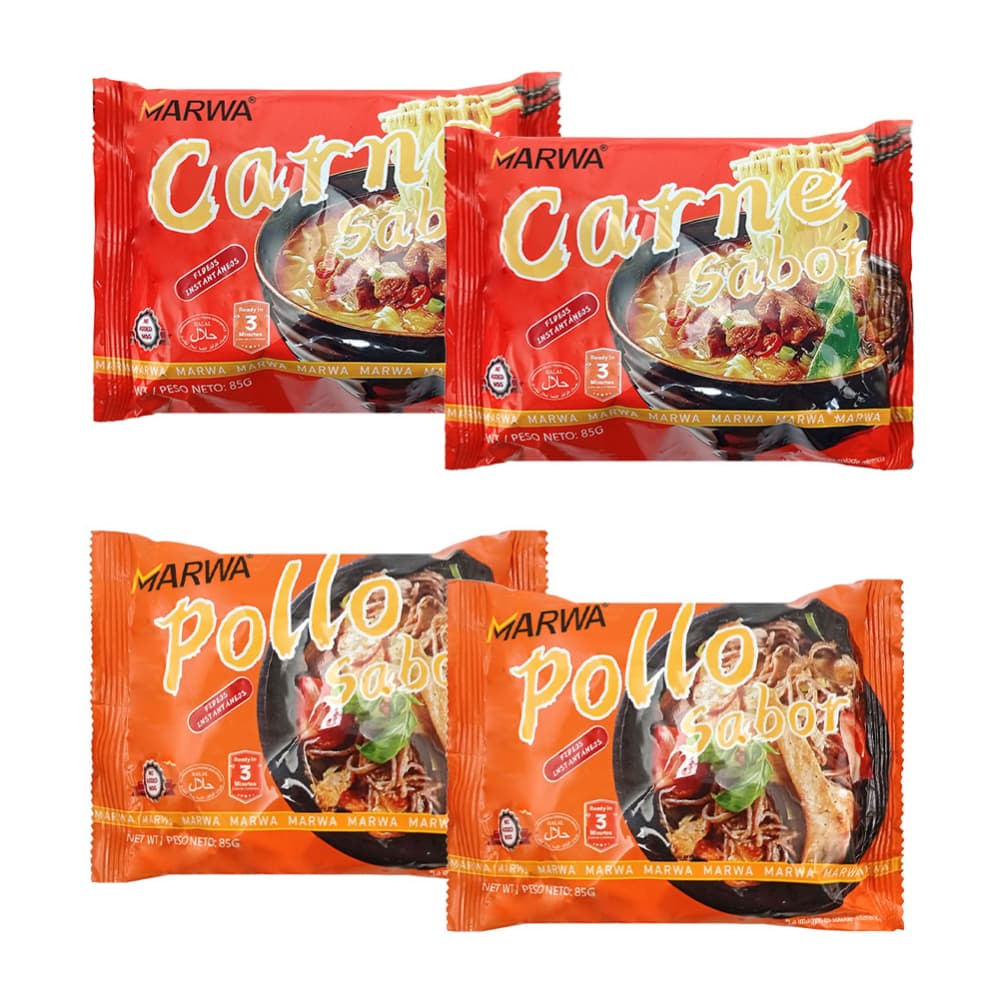 Sopa instantánea de fideos sabor carne + sopa instantánea de fideos sabor pollo Marwa (4 x 85 g / 3 oz) - Imagen 1