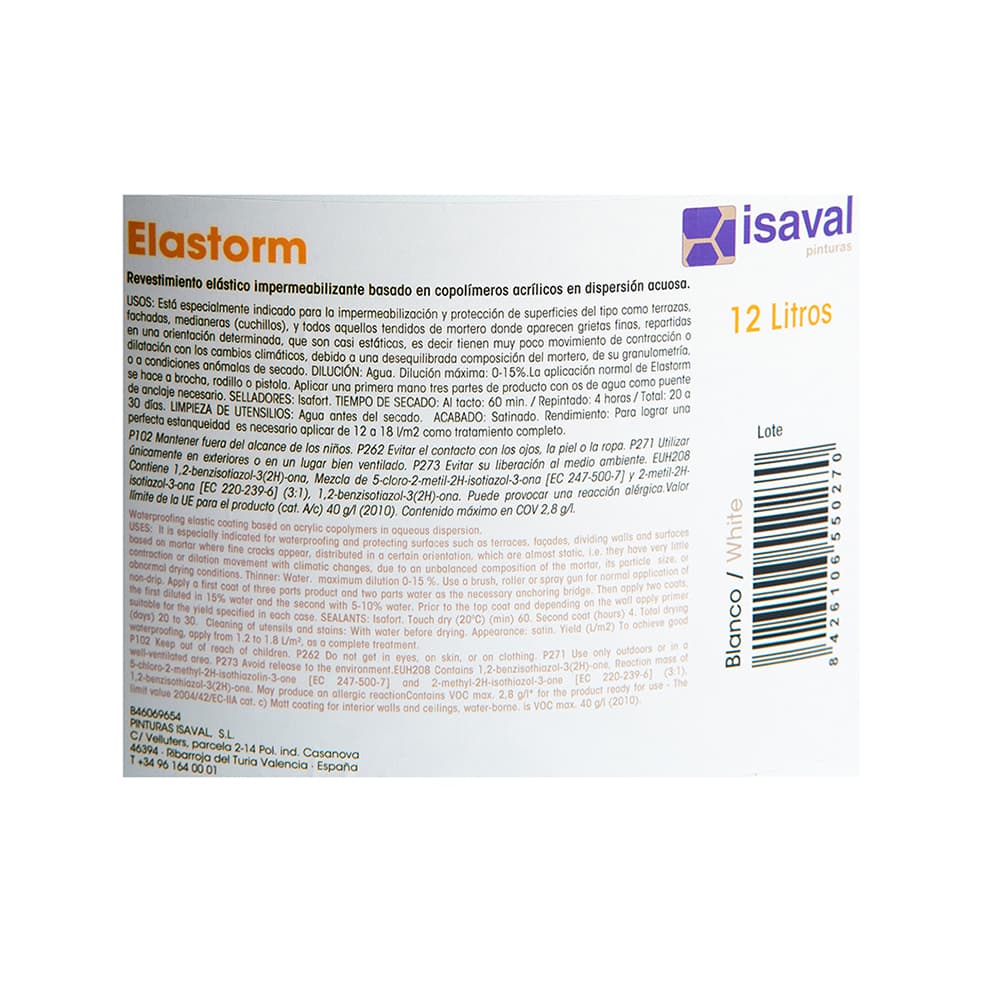 Pintura elástica impermeabilizante color blanco elastorm Blancolor Isaval (12 L) - Miniatura 2
