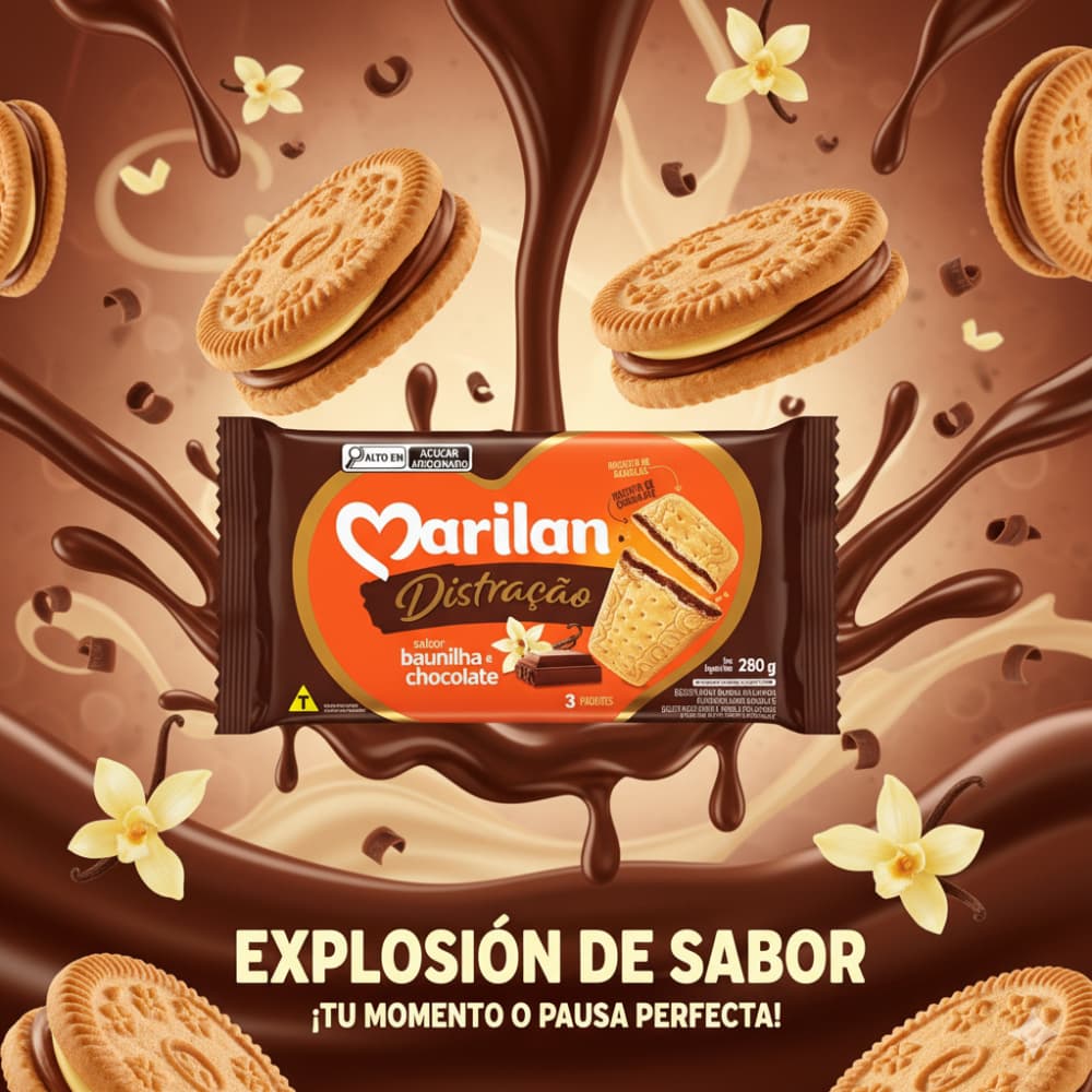 Galleta triple capa sabor vainilla con chocolate Distracao Marilan (3 x 280 g / 9.88 oz) - Miniatura 4