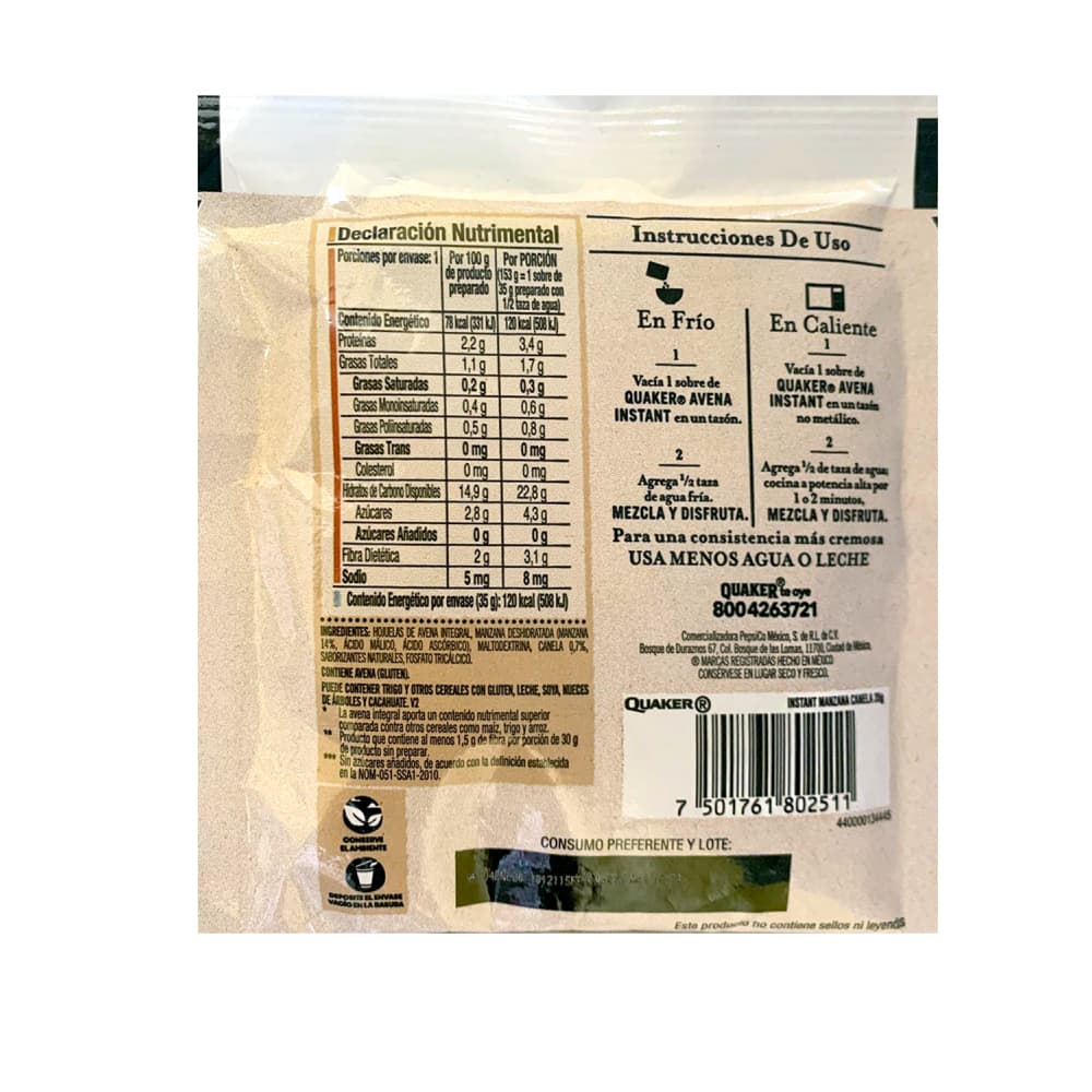 Cereal de avena integral sin azúcar sabor manzana y canela Quaker (35 g / 1.23 oz) - Miniatura 2