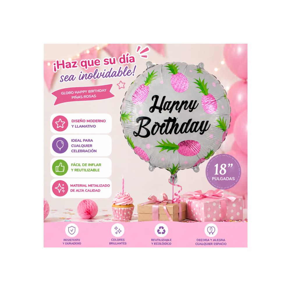 Globo redondo con diseño de piñas rosadas y cartel de Happy Birthday 18 pulgadas Ballon - Miniatura 3