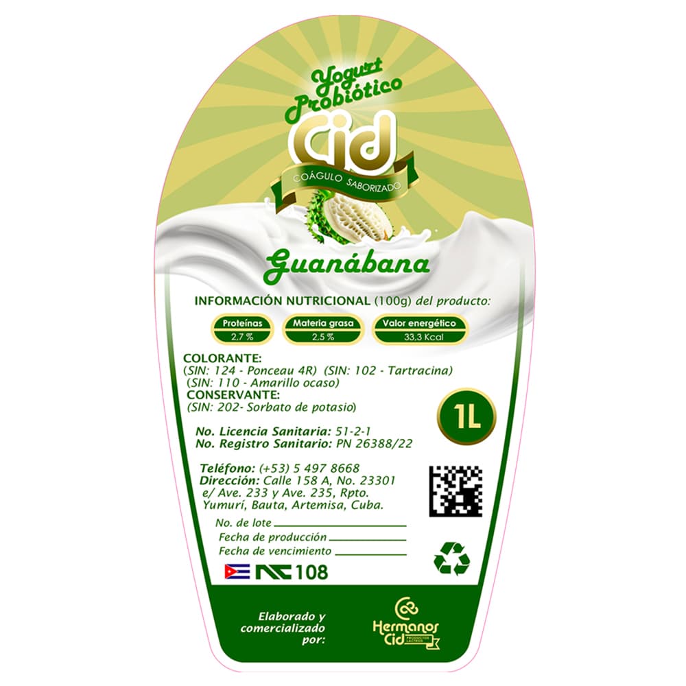 Yogurt probiótico de coágulo saborizado de guanábana Cid (1 L) - Miniatura 3