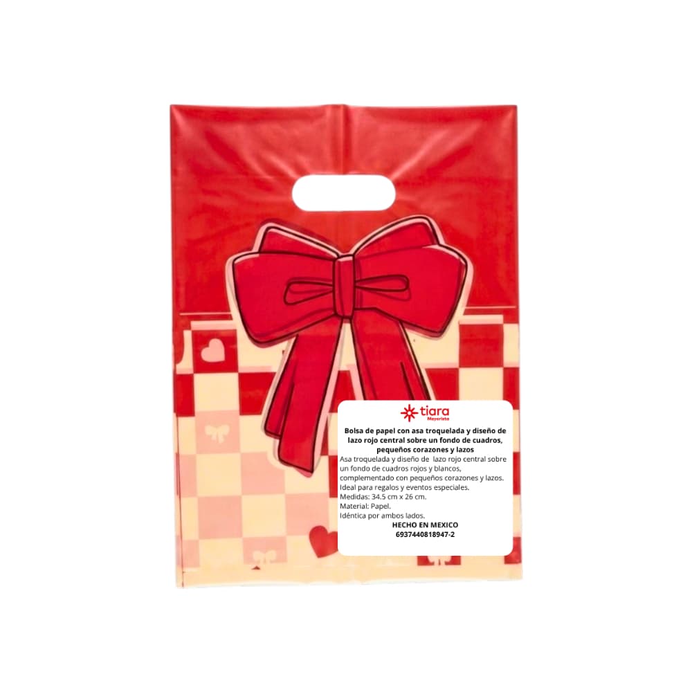 Bolsa de nylon con asa troquelada y diseño de lazo rojo central sobre un fondo de cuadros, pequeños corazones y lazos Tiara - Miniatura 3