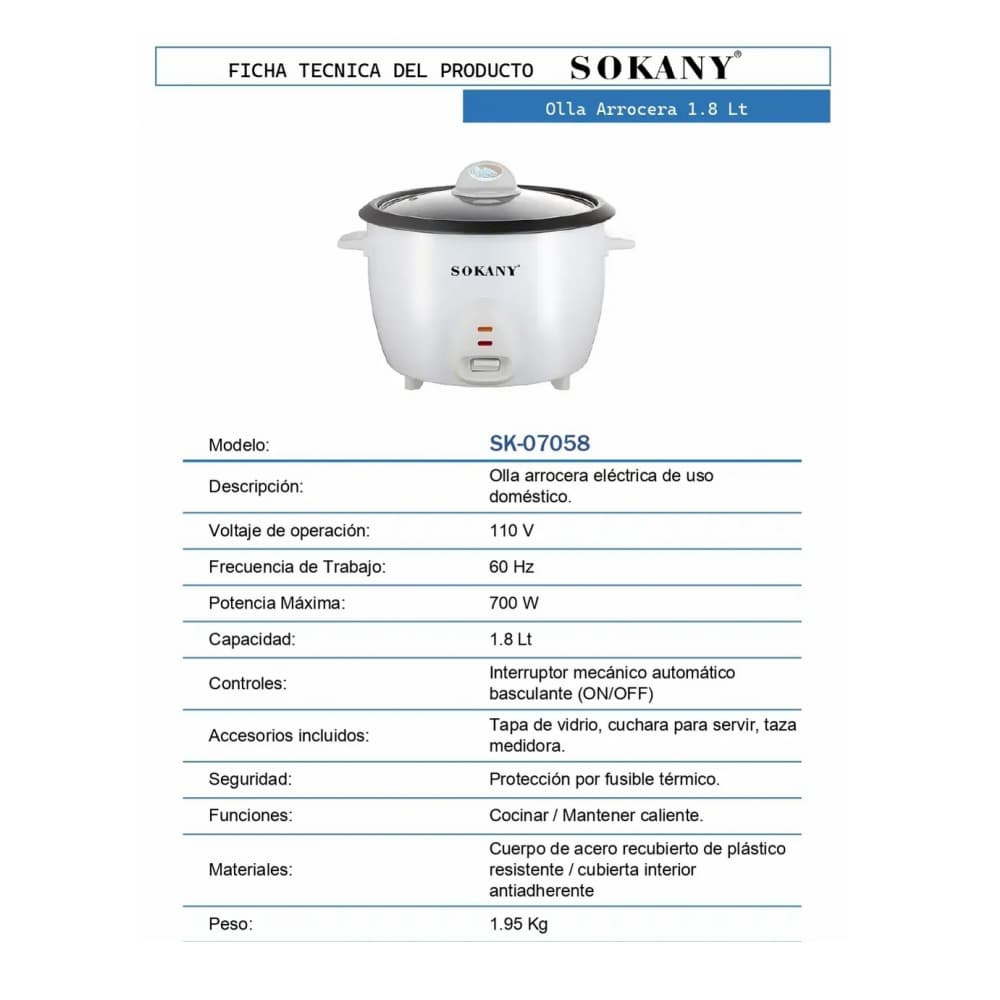 Olla arrocera eléctrica convencional 1.8 L Sokany SK- 07058 - Miniatura 3