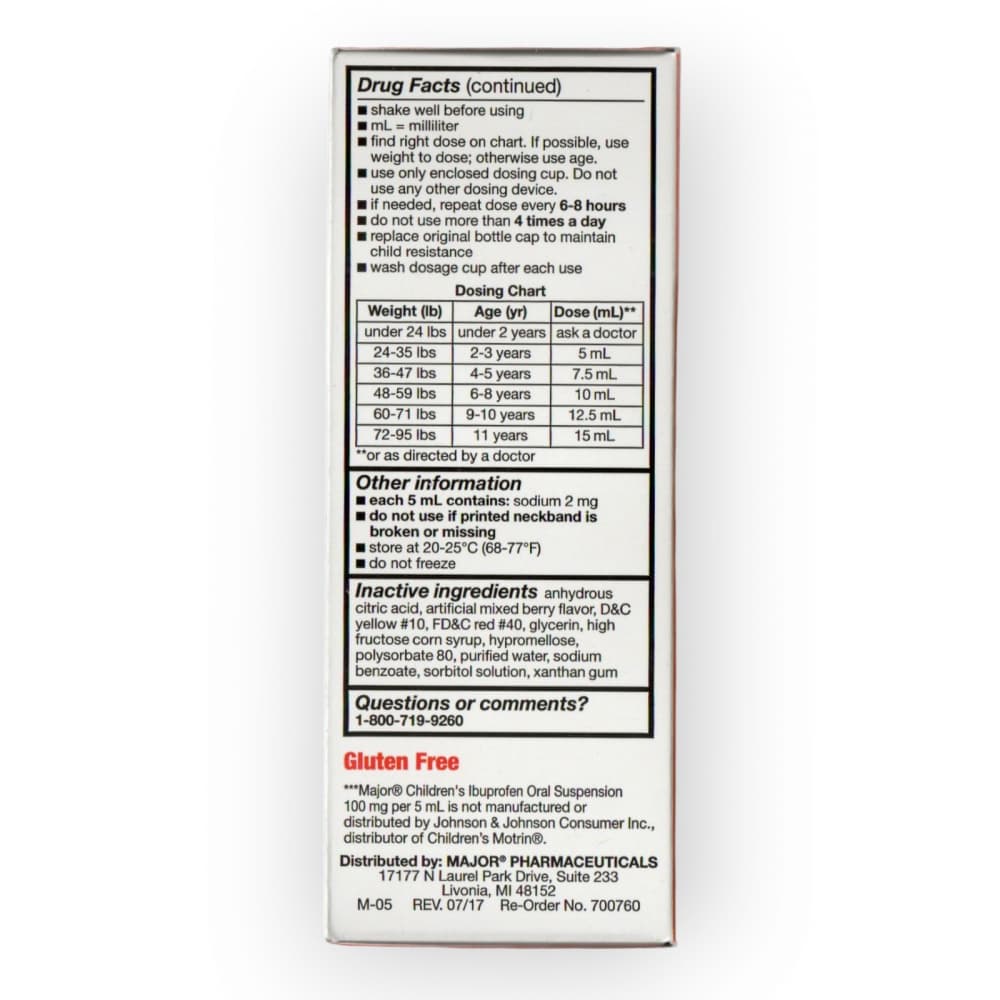 Ibuprofeno para niños en suspensión oral sabor fresa 100 mg / 5 ml Major (120 ml / 4 oz) - Miniatura 3