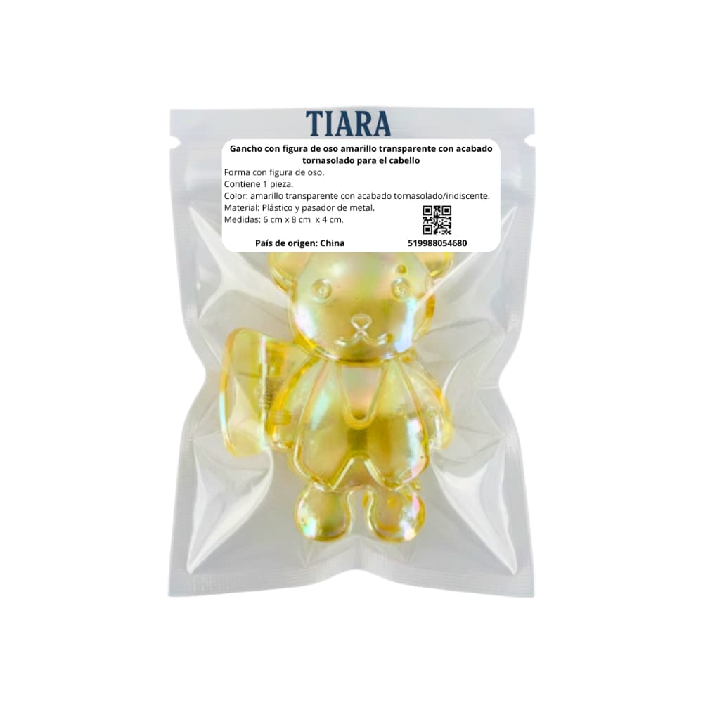 Gancho con figura de oso amarillo transparente con acabado tornasolado para el cabello Tiara - Miniatura 4