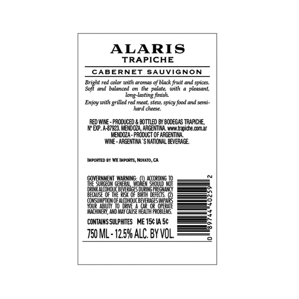 Vino tinto Carbenet Sauvignon Alaris Trapiche (750 ml) - Miniatura 3