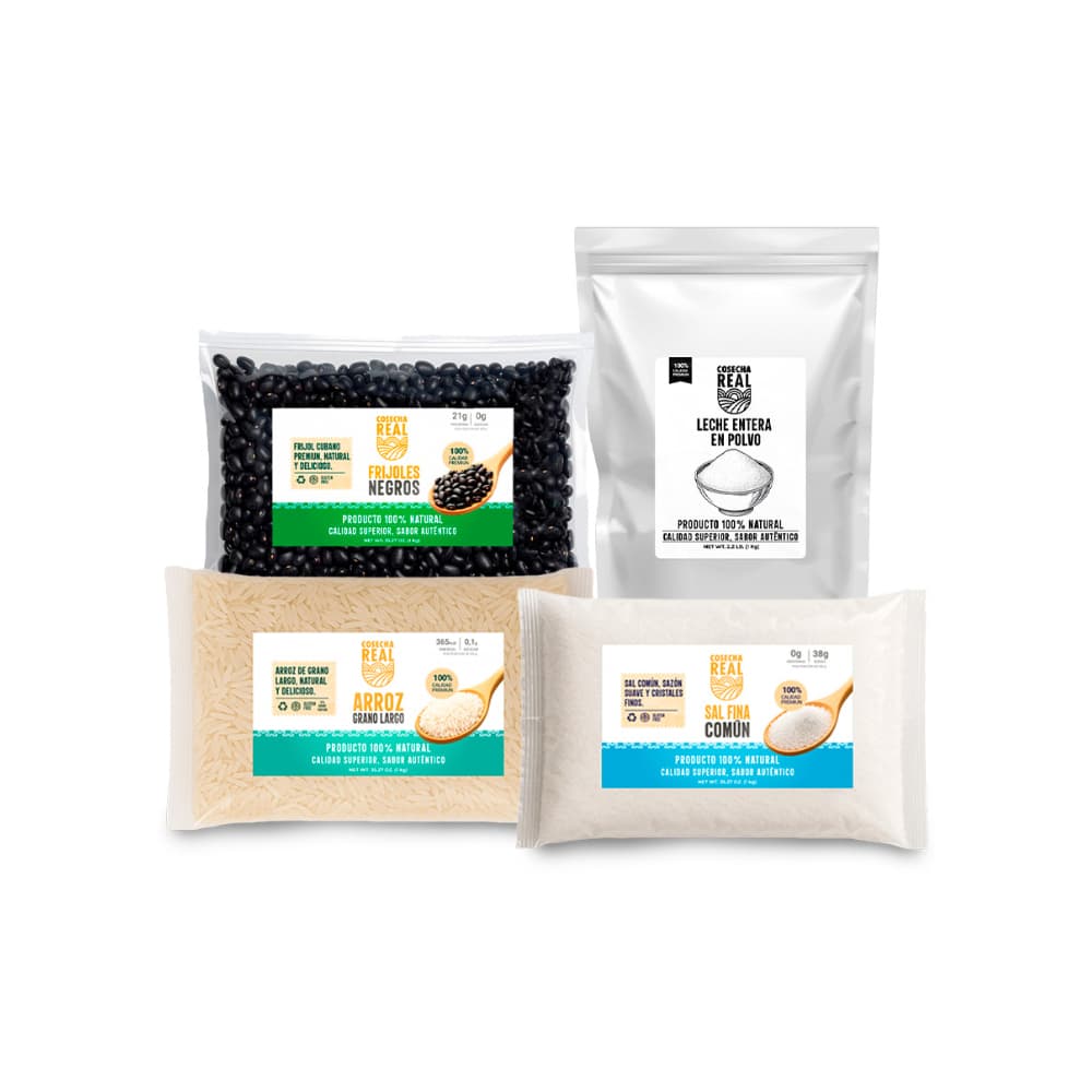Combo básico esencial Cosecha Real #4: Frijoles negros + Arroz de grano largo + Sal fina común + Leche entera en polvo - Imagen 1
