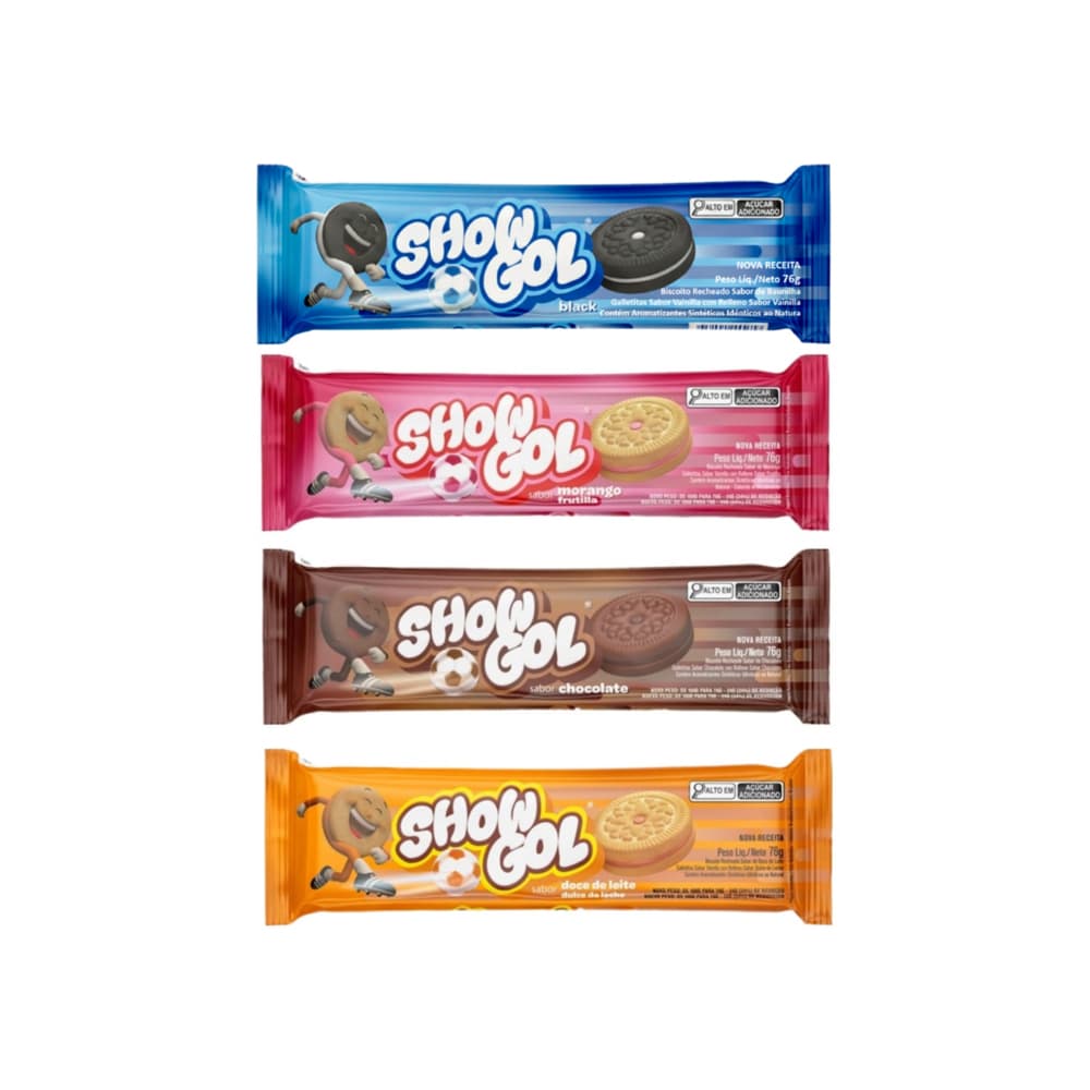 Galletas dulces rellenas con crema sabor vainilla, fresa, chocolate y dulce de leche Show Gol (4 x 76 g / 2.68 oz) - Miniatura 1