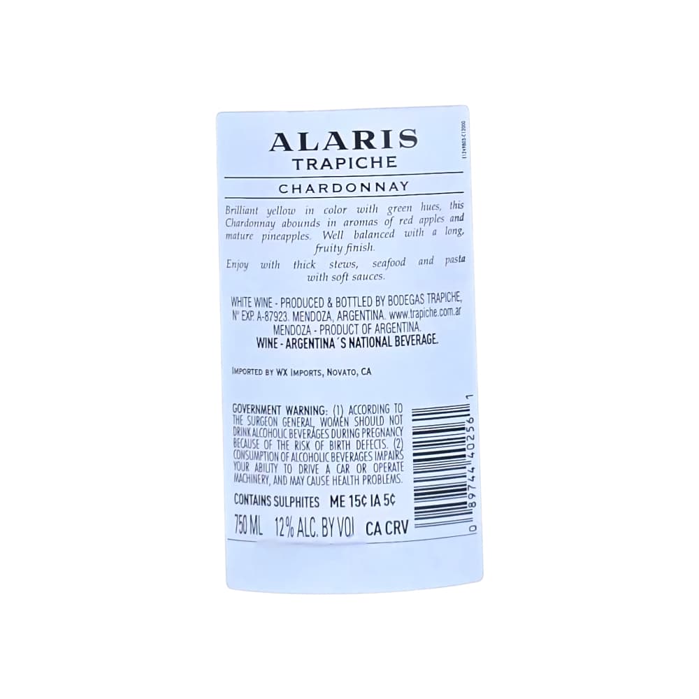 Vino blanco Chardonnay Alaris Trapiche (750 ml) - Miniatura 3