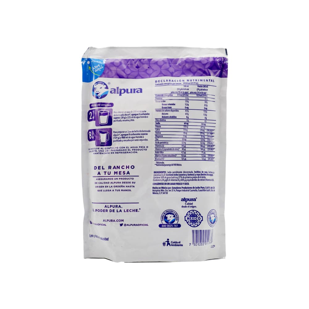 Leche en polvo parcialmente descremada, sin lactosa, adicionada con Vitamina A y D Alpura (460 g / 1.01 lb) - Miniatura 3
