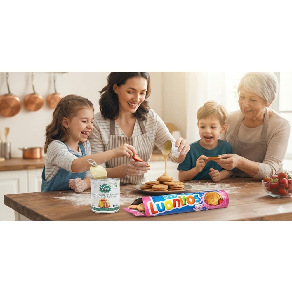 Leche condensada azucarada Vima Foods (390 g / 13.8 oz) + Galletas rellenas sabor fresa Luanitos Luam (2 x 110 g / 3.8 oz) - Miniatura 4
