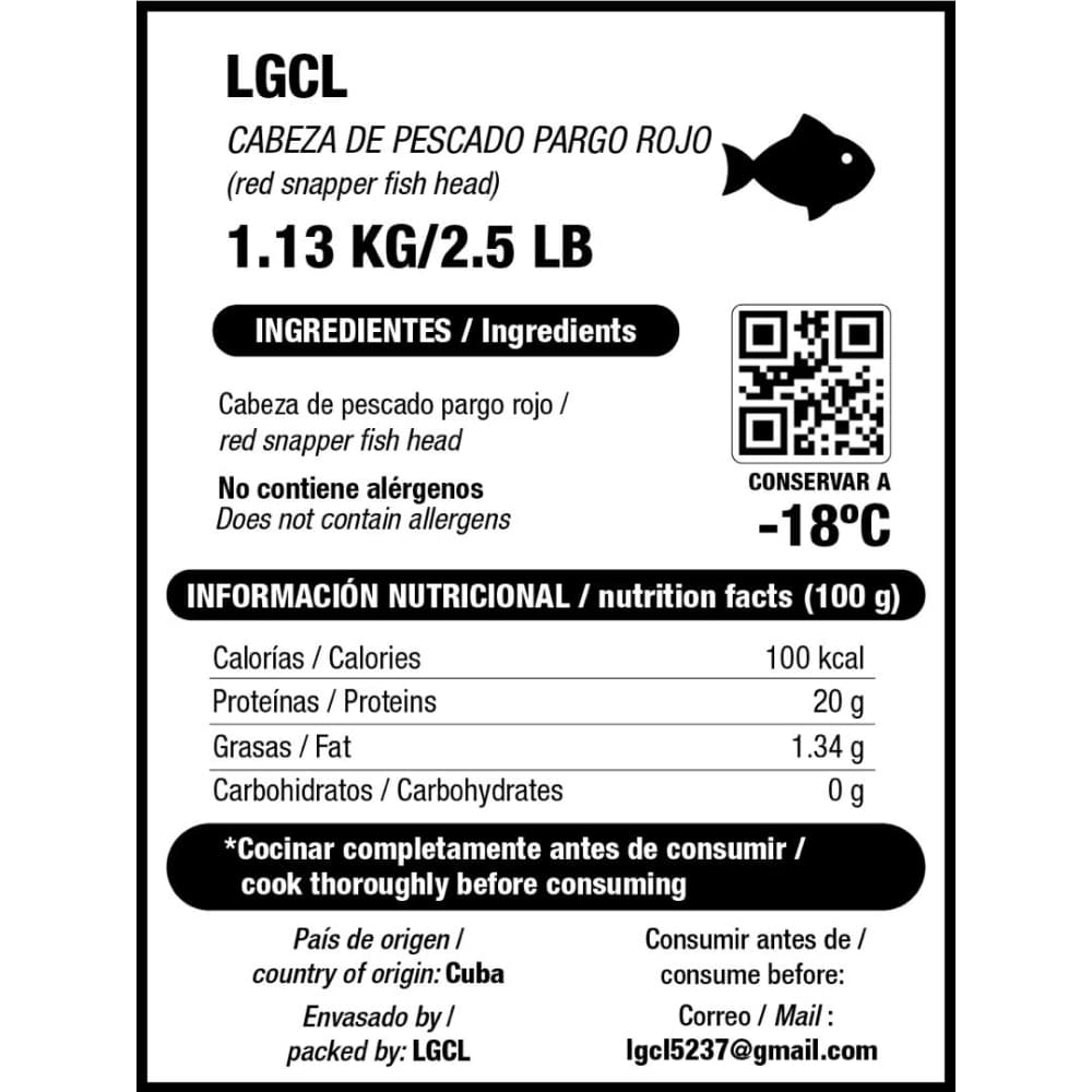 Cabeza de pescado pargo rojo LGCL (1.13 kg / 2.5 lb) - Miniatura 3