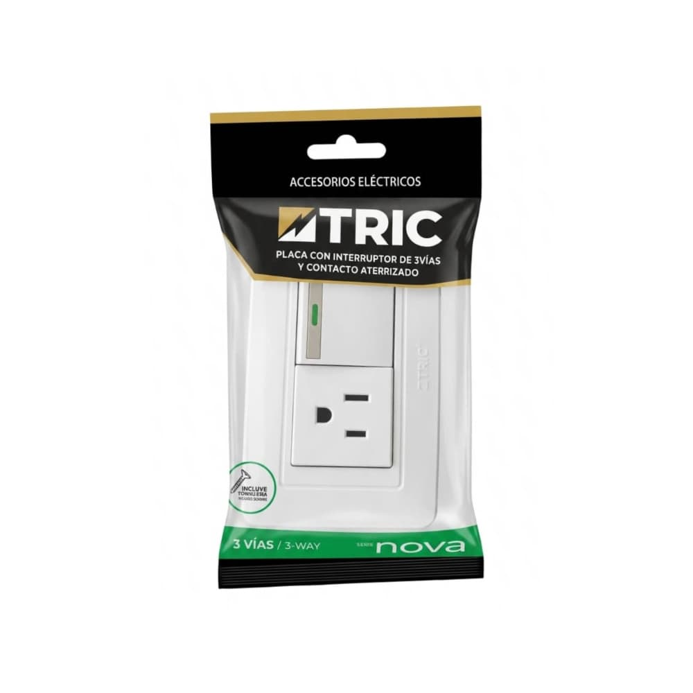 Placa con interruptor de 3 vías y contacto aterrizado Tric Nova - Miniatura 1