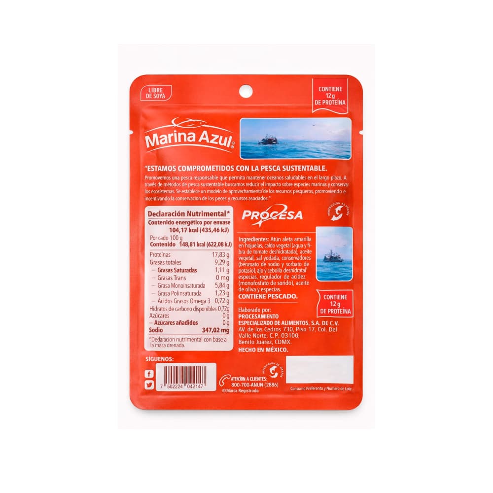 Atún en hojuelas con 10% de tomate deshidratado en aceite de oliva Marina Azul (74 g / 2.61 oz) - Miniatura 2