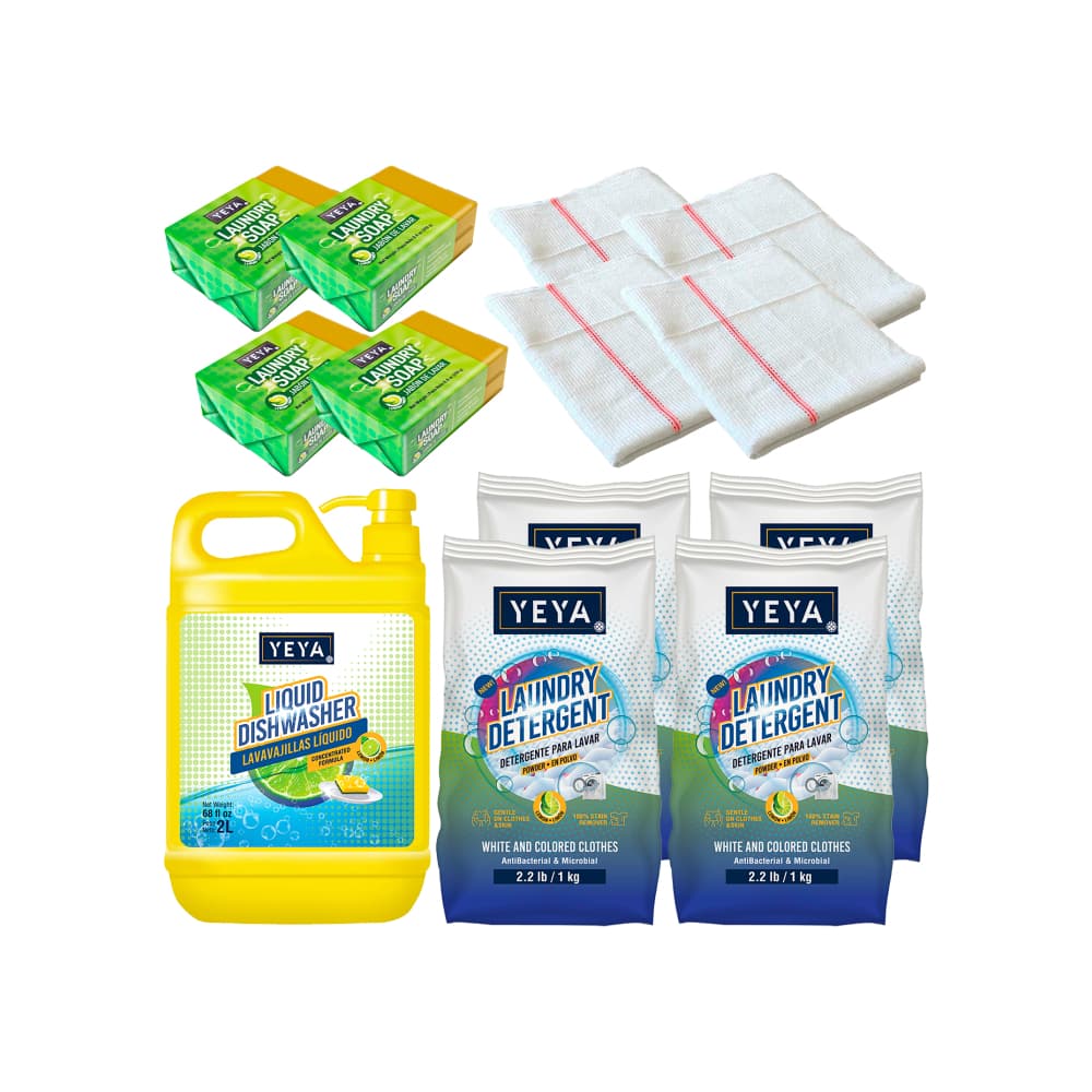 Combo Hogar limpio y fresco YEYA: lavavajillas líquido (2 L) + detergente en polvo (4 x 1 kg) + jabón de lavar (4 x 250 g) + Frazada de piso (4u) - Imagen 1