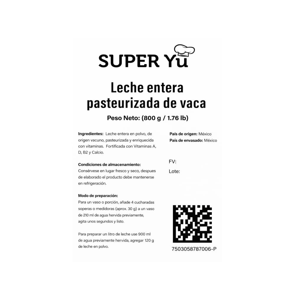 Leche entera pasteurizada de vaca Super Yu (800 g / 1.76 lb) - Miniatura 3