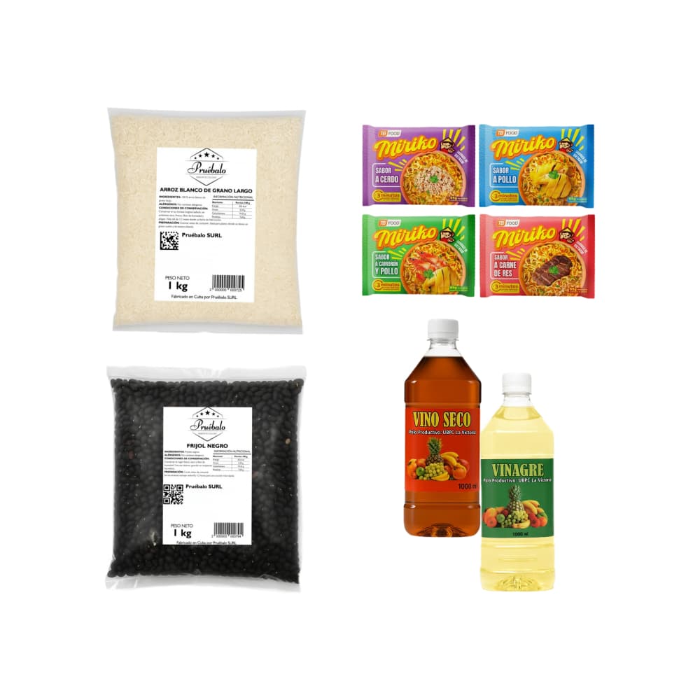 Arroz blanco de grano largo + Frijol negro + Vinagre + Vino seco +  Sopa instantánea de fideos sabor a carne de res +  Sopa instantánea de fideos sabor a pollo +  Sopa instantánea de fideos sabor a camaron y pollo +  Sopa instantánea de fideos sabor a cerdo - Imagen 1